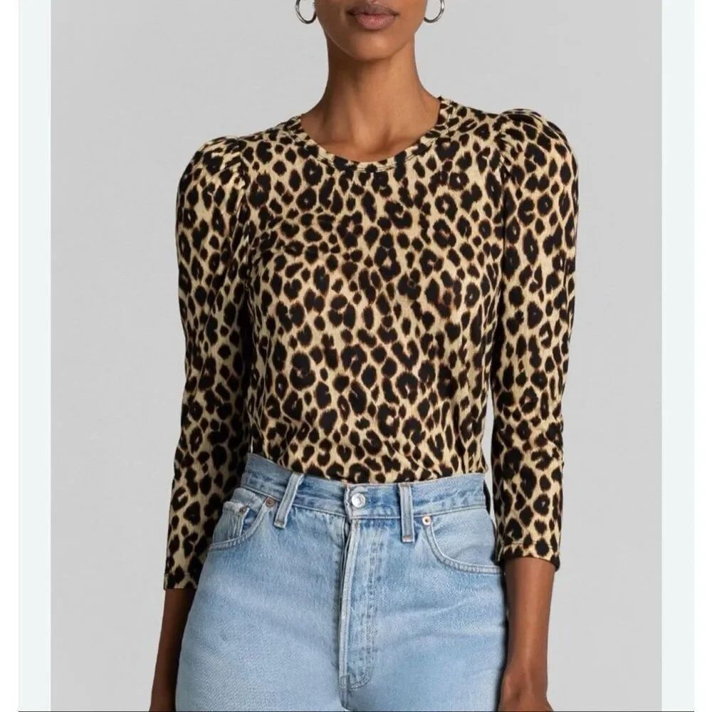 A.L.C. Karlie Leopard Print Puff Shoulder Tee blouse 100% cotton Size XS